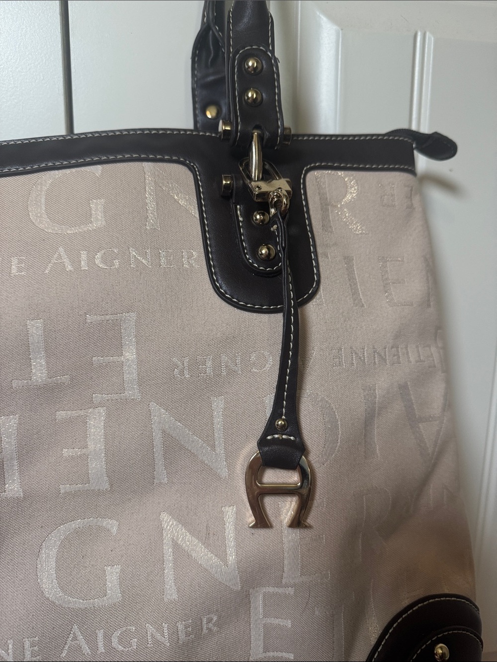Etienne Aigner Beige Canvas Tote bag purse with Dark Brown leather Trim/gold - Picture 3 of 11